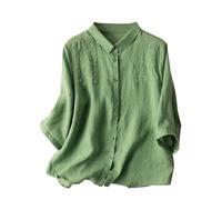 Cotton Linen Tops for Women 3/4 Sleeve Peter Pan Collar Flowy Shirts with Pocket Solid Blouses Casual Loose Fit Tees