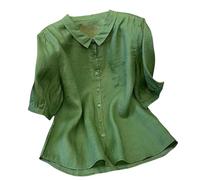 Cotton Linen Tops for Women 3/4 Sleeve Peter Pan Collar Flowy Shirts with Pocket Solid Blouses Casual Loose Fit Tees Camisas De Lino(Green, XXL)
