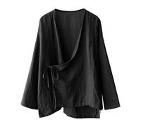 Cotton Linen Tops for Women Long Sleeve Wrap Blouses Tie Front Loose Fit Asymmetric Hem Kimono Style Irregular Shirts