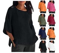 Cotton Linen Tops for Women Loose Fit Boho Solid Tunic Tops 2025 Summer Casual Elbow Sleeve Side Slit Blouse Women's T Shirt