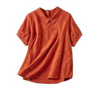 Cotton Linen Tops for Women Sale Clearance Lapel Neck Puff Sleeves Textured Shirts Solid Color Casual Loose Fit Summer Blouses Short Sleeve Tops Elegant Tees for Beach Hawaiian UK Size M-3XL Orange