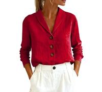 Cotton Linen Tops for Women Shawl Collar Button Down Shirts Long Sleeve V Neck Casual Summer Loose Fit Blouse Clothes Blusa De Lino para Mujer(Red, XXL)