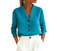 Cotton Linen Tops for Women Shawl Collar Button Down Shirts Long Sleeve V Neck Casual Summer Loose Fit Blouse Clothes Blusa De Lino para Mujer(Blue, L)