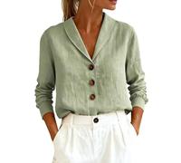 Cotton Linen Tops for Women Shawl Collar Button Down Shirts Long Sleeve V Neck Casual Summer Loose Fit Blouse Clothes Blusa De Algodon para Mujer(Light Green, L)