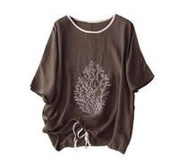 Cotton Linen Tops for Women Short Sleeve Drawstring Hem Shirts Embroidered Blouses Casual Summer Loose Fit Tees 2026 Blusa De Lino para Mujer(Coffee, XXXL)
