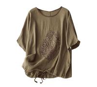 Cotton Linen Tops for Women Short Sleeve Drawstring Hem Shirts Embroidered Blouses Casual Summer Loose Fit Tees 2026 Blusa De Lino para Mujer(Khaki, XL)
