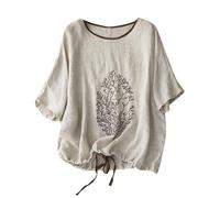 Cotton Linen Tops for Women Short Sleeve Drawstring Hem Shirts Embroidered Blouses Casual Summer Loose Fit Tees 2026 Blusa De Lino para Mujer(Beige, M)