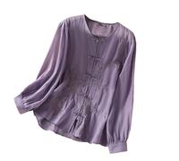 Cotton Linen Tops for Women UK Ladies Elegant Long Sleeve Blouses Embroidered Floral Vintage Shirts Long Sleeve Oversized Casual Smart Tops Button Down Tees Shirts Baggy Going Out Dressy Top Purple