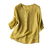 Cotton Linen Tops for Women UK Ladies Summer Tops Embroidery Floral Printed Women's 3/4 Sleeves Tops Plus Size Womens Tunic Tops Crew Neck Tee Shirts Casual Loose Womens Shirts and Blouses Yellow