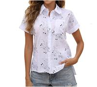 Cotton Linen Tops for Women UK Ladies Tops Turn Down Collar Short Sleeve T-Shirt Elegant Tees Floral Print Shirt Blouse Casual Button Up Tee Shirt Elegant Office Shirts UK Size White 3XL