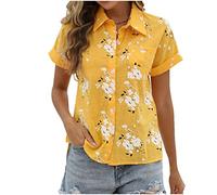 Cotton Linen Tops for Women UK Ladies Tops Turn Down Collar Short Sleeve T-Shirt Elegant Tees Floral Print Shirt Blouse Casual Button Up Tee Shirt Elegant Office Shirts UK Size Yellow 3XL