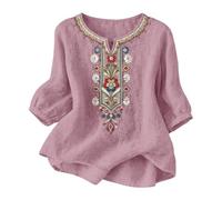 Cotton Linen Tops Womens Summer Retro 3/4 Sleeve Bohemian Embroidered Floral Crewneck Tunic Top Vintage Loose Fit Baggy Lightweight Flowy Peasant Boho Beach Travel Holidays Tee Shirts A-Pink