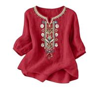 Cotton Linen Tops Womens Summer Retro 3/4 Sleeve Bohemian Embroidered Floral Crewneck Tunic Top Vintage Loose Fit Baggy Lightweight Flowy Peasant Boho Beach Travel Holidays Tee Shirts
