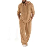 Cotton Linen Tracksuit for Men Uk Summer Casual Beach 2 Piece Outfit Co Ord Set Drawstring Hooded Long Sleeve Henley Tops Wide Leg Elastic Waist Trouser with Pocket Vacation Holiday Gym Workout S-3XL