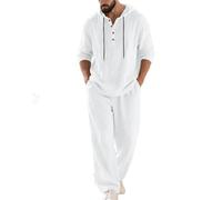 Cotton Linen Tracksuit for Men Uk Summer Casual Beach 2 Piece Outfit Co Ord Set Drawstring Hooded Long Sleeve Henley Tops Wide Leg Elastic Waist Trouser with Pocket Vacation Holiday Gym Workout S-3XL