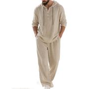 Cotton Linen Tracksuit for Men Uk Summer Casual Beach 2 Piece Outfit Co Ord Set Drawstring Hooded Long Sleeve Henley Tops Wide Leg Elastic Waist Trouser with Pocket Vacation Holiday Gym Workout S-3XL