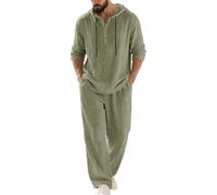 Cotton Linen Tracksuit for Men Uk Summer Casual Beach 2 Piece Outfit Co Ord Set Drawstring Hooded Long Sleeve Henley Tops Wide Leg Elastic Waist Trouser with Pocket Vacation Holiday Gym Workout S-3XL