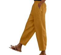 Cotton Linen Trouser Women UK Solid Color Elasticated Waist Trouser Ladies Summer Lounge Pants Loose Fit Full Length Pant Casual Straight Leg Bottoms with Pockets Casual Holiday Beach Joggers Orange