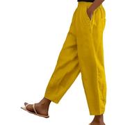 Cotton Linen Trouser Women UK Solid Color Elasticated Waist Trouser Ladies Summer Lounge Pants Loose Fit Full Length Pant Casual Straight Leg Bottoms with Pockets Casual Holiday Beach Joggers Yellow