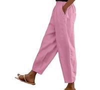 Cotton Linen Trouser Women UK Solid Color Elasticated Waist Trouser Ladies Summer Lounge Pants Loose Fit Full Length Pant Casual Straight Leg Bottoms with Pockets Casual Holiday Beach Joggers Pink