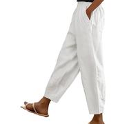 Cotton Linen Trouser Women UK Solid Color Elasticated Waist Trouser Ladies Summer Lounge Pants Loose Fit Full Length Pant Casual Straight Leg Bottoms with Pockets Casual Holiday Beach Joggers White