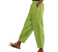 Cotton Linen Trouser Women UK Solid Color Elasticated Waist Trouser Ladies Summer Lounge Pants Loose Fit Full Length Pant Casual Straight Leg Bottoms with Pockets Casual Holiday Beach Joggers Green