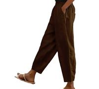 Cotton Linen Trouser Women UK Solid Color Elasticated Waist Trouser Ladies Summer Lounge Pants Loose Fit Full Length Pant Casual Straight Leg Bottoms with Pockets Casual Holiday Beach Joggers Brown
