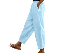 Cotton Linen Trouser Women UK Solid Color Elasticated Waist Trouser Ladies Summer Lounge Pants Loose Fit Full Length Pant Casual Straight Leg Bottoms with Pockets Casual Holiday Beach Joggers