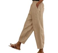 Cotton Linen Trouser Women UK Solid Color Elasticated Waist Trouser Ladies Summer Lounge Pants Loose Fit Full Length Pant Casual Straight Leg Bottoms with Pockets Casual Holiday Beach Joggers Khaki