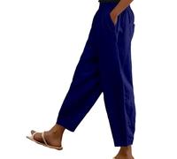 Cotton Linen Trouser Women UK Solid Color Elasticated Waist Trouser Ladies Summer Lounge Pants Loose Fit Full Length Pant Casual Straight Leg Bottoms with Pockets Casual Holiday Beach Joggers Navy