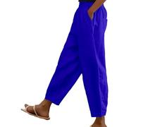 Cotton Linen Trouser Women UK Solid Color Elasticated Waist Trouser Ladies Summer Lounge Pants Loose Fit Full Length Pant Casual Straight Leg Bottoms with Pockets Casual Holiday Beach Joggers Blue
