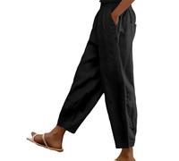 Cotton Linen Trouser Women UK Solid Color Elasticated Waist Trouser Ladies Summer Lounge Pants Loose Fit Full Length Pant Casual Straight Leg Bottoms with Pockets Casual Holiday Beach Joggers Black