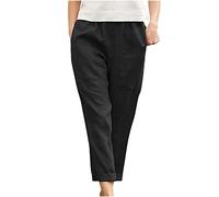 Cotton Linen Trousers for Women with Pocket Straight Pants Casual Straight Leg Trousers High Waist Casual Pants Elastic Waist Solid Plain Summer Lounge Daily Black 3XL