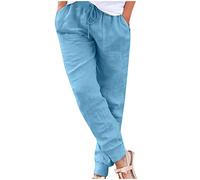 Cotton Linen Trousers for Womens Casual Full Elasticated Waist Bottoms Lightweight Loose Long Sweatpants Women's Large Size Sports Casual Gym Pants Solid Color Drawstring Wide Leg Pants Sky Blue