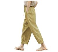 Cotton Linen Trousers Women UK Clearance Solid Color Elasticated Waist Cropped Trousers Ladies Summer Lounge Pants Plain Loose Fit Pants Casual Straight Leg Bottoms with Pockets and Drawstring