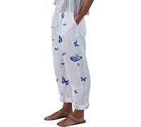 Cotton Linen Trousers Women's Pants Cotton, Casual Butterfly Printed | Trendy Going Out Straight Trousers Loose Cuffed Bamboo Pant Comfort Elastic Waist Work Pant Bottoms