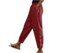 Cotton Linen Trousers Womens Solid Color Elasticated Waist Trouser Ladies Summer Lounge Pants Plain Loose Fit Capri Pant Casual Straight Leg Bottoms with Pockets Going Out Office Work S-5XL