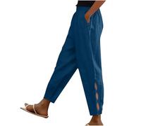 Cotton Linen Trousers Womens Solid Color Elasticated Waist Trouser Ladies Summer Lounge Pants Plain Loose Fit Capri Pant Casual Straight Leg Bottoms with Pockets Going Out Office Work S-5XL A Blue