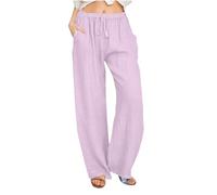Cotton Linen Trousers Womens Summer Drawstring Elastic Waist Loose Pants Lightweight Straight Wide Leg High Waisted Palazzo Ladies Bottoms White Trouser Women UK Purple XXL