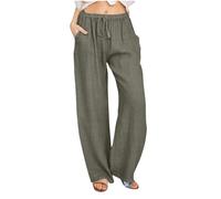 Cotton Linen Trousers Womens Summer Drawstring Elastic Waist Loose Pants Lightweight Straight Wide Leg High Waisted Palazzo Ladies Bottoms Plisse Trouser Petite Army Green XL