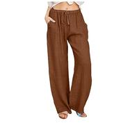 Cotton Linen Trousers Womens Summer Drawstring Elastic Waist Loose Pants Lightweight Straight Wide Leg High Waisted Palazzo Ladies Bottoms Womens Cotton Trouser Elasticated Waist Brown L