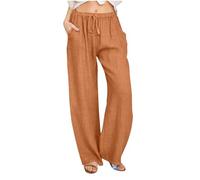 Cotton Linen Trousers Womens Summer Drawstring Elastic Waist Loose Pants Lightweight Straight Wide Leg High Waisted Palazzo Ladies Bottoms Summer Trouser Ladies Orange S