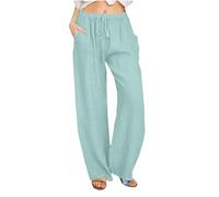 Cotton Linen Trousers Womens Summer Drawstring Elastic Waist Loose Pants Lightweight Straight Wide Leg High Waisted Palazzo Ladies Bottoms Wide Leg Trouser for Women UK Mint Green XXL