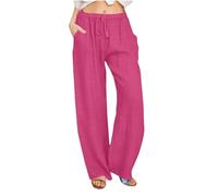 Cotton Linen Trousers Womens Summer Drawstring Elastic Waist Loose Pants Lightweight Straight Wide Leg High Waisted Palazzo Ladies Bottoms Plisse Trouser Petite Hot Pink XXL