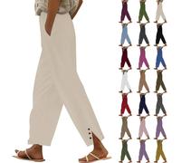 Cotton Linen Trousers Womens Summer Loose Palazzo Lounge Pants With Pockets Elastic Waist Wide Leg Boho Trousers Ladies Casual Tracksuit Bottom Joggers Lightweight Breathable Holiday Harem Pants