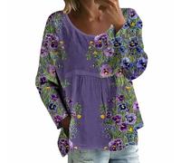 Cotton Linen Tunic Tops for Women Long Sleeve Floral Print Boho Shirts Loose Fit Pleated Blouse Casual Summer Clothes Camisas De Lino para Mujer(Dark Purple, XL)