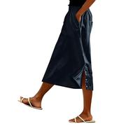 Cotton Maxi Skirts for Women UK Women's Maxi Skirts Summer Linen Cotton Side Button Skirt with Multi Pockets Casual Flowing Elasticated High Waist Boho for Holiday and Daily Wear Navy