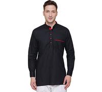 Cotton Mens Short Kurta Shirt Dress India Traditional Clothing (Black, L)
