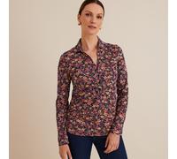 Cotton Mix Polo Shirt in Floral Print with Long Sleeves floral print/burgundy background