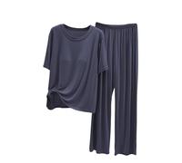 Cotton Modal Pyjamas Set For Women - Ladies Loungewear Sets Uk Size 22/24 - Short Sleeve T Shirts And Long Pant Set With Bra Support Crew Neck Lightweight Loose Fit 2 Piece Pjs Soft Night Shirts Grey